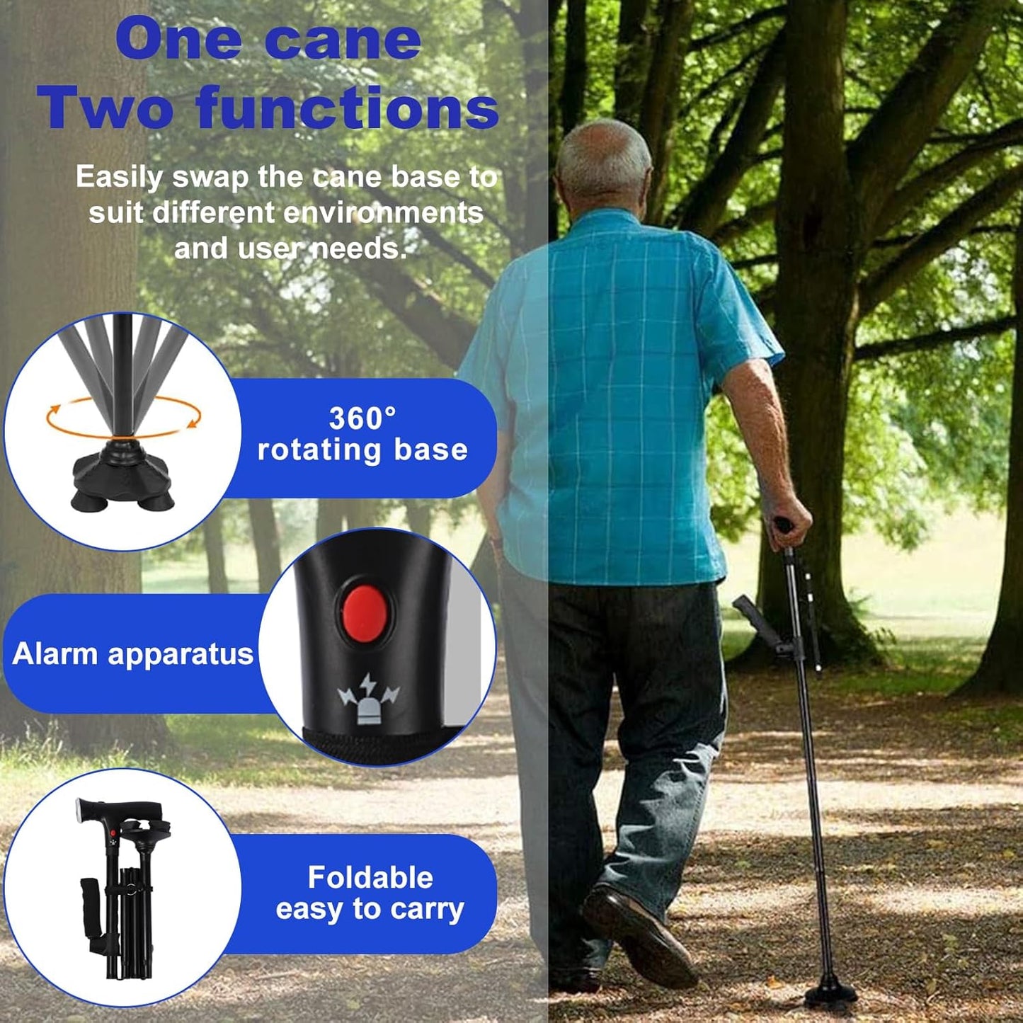 Walking Cane Folding Led Light Alarm Women Adjustable Suitable Arthritis Elderly