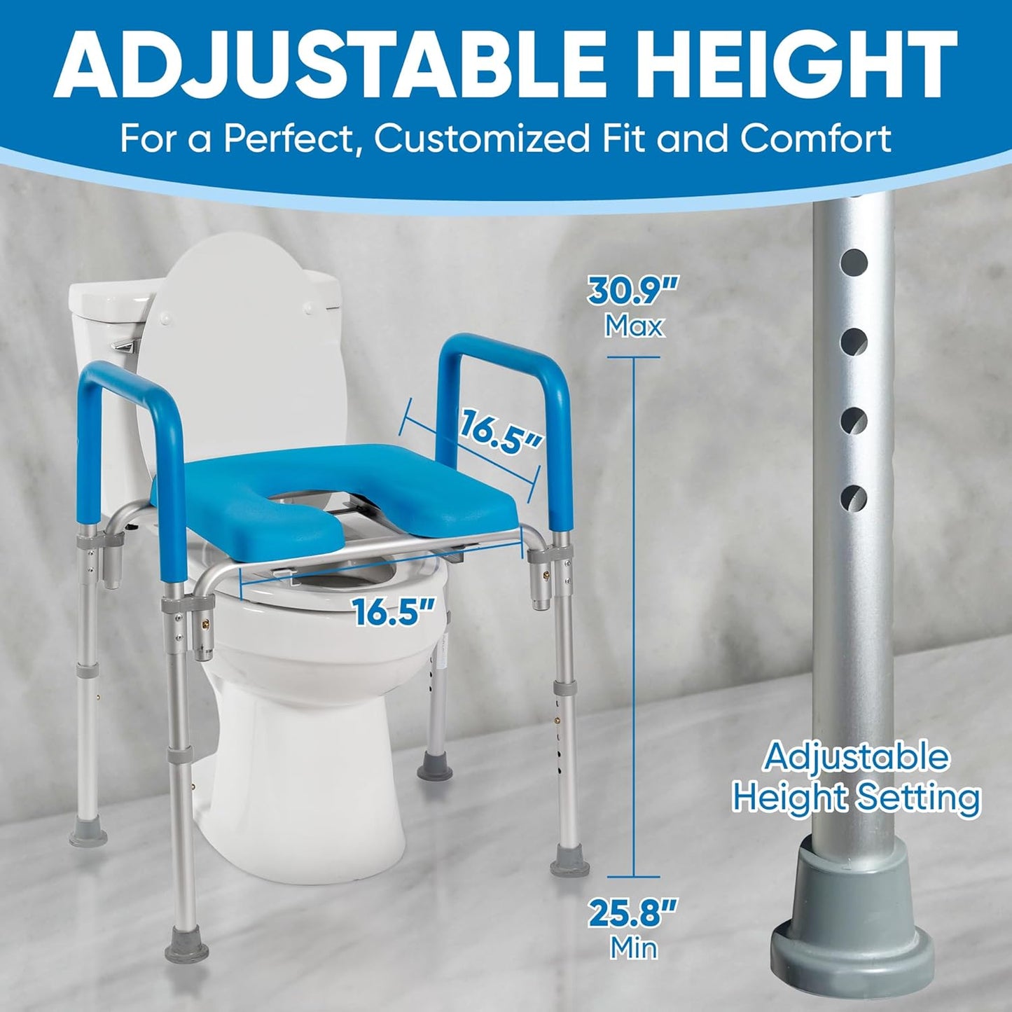Ultimate Raised Toilet Seat with Handles - Adjustable Raised Toilet Seat for Seniors, Bedside Commode - Padded Armrest | Premium Elevated Toilets Seats with Handles for Elderly Bathroom Safety, Blue