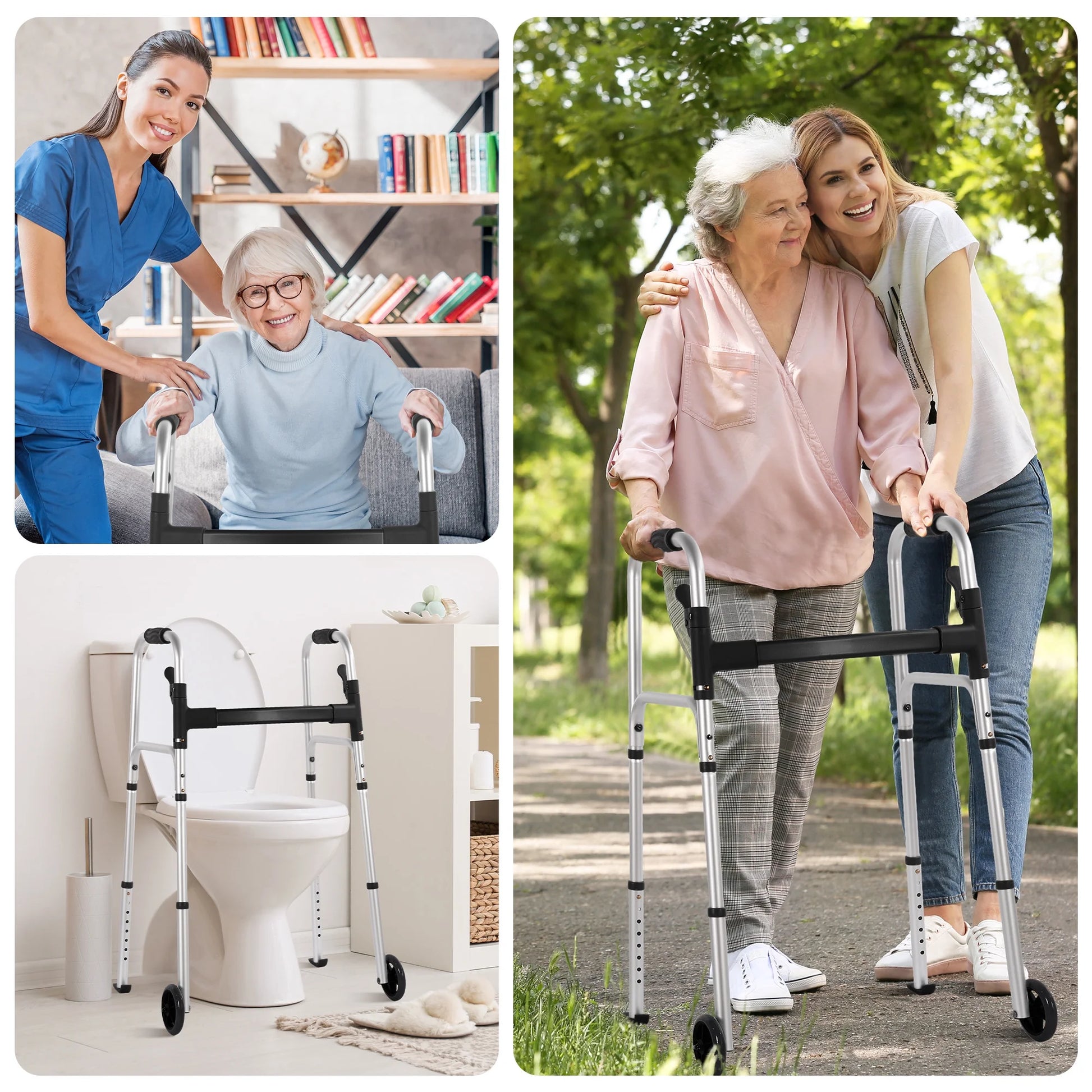 Folding Walkers for Seniors, Lightweight Mobility Walker with Trigger Release and Glide Skis, Silver