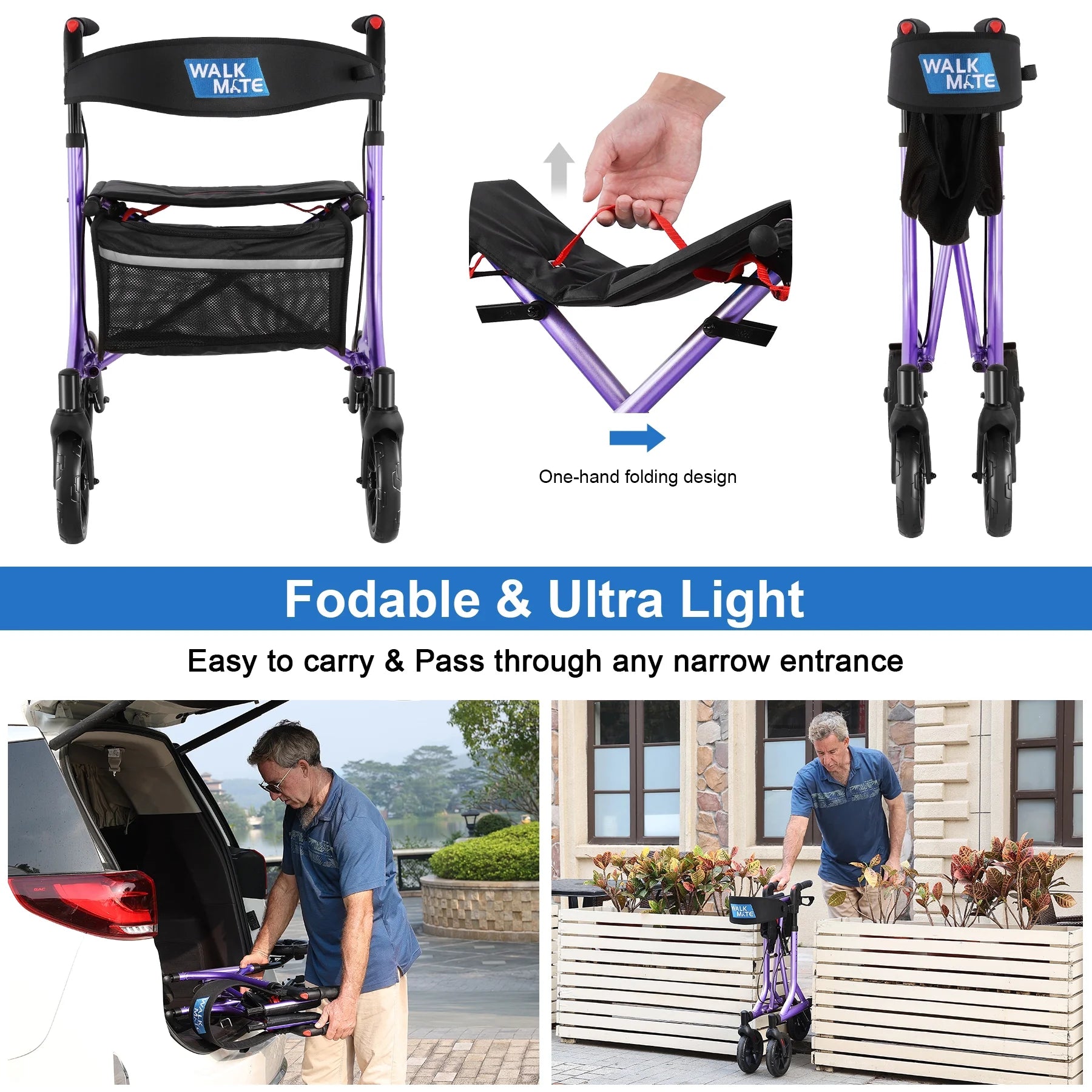 Walkmate Rollator Walker for with Cup Holder, Upgraded Thumb Press Button for Height Adjustment, 8" Wheels Folding Lightweight Walking Aid with Seat Padded Backrest, Purple