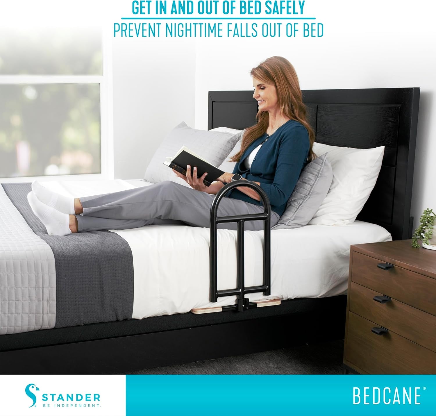 Bedcane, Adult Bed Rail and Support Handle, Bedside Safety Elderly Stand Assist with Organizer Pouch, ASTM Safety Approved Bedrail