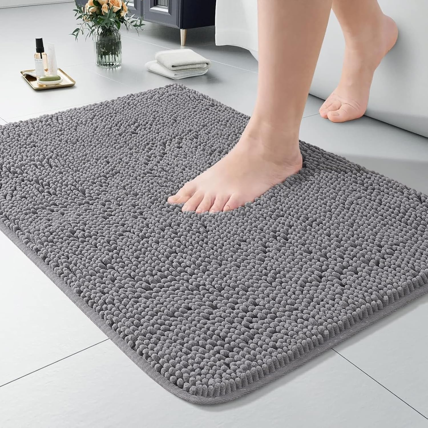Luxury Bathroom Rug Shaggy Bath Mat 24 X 36 Inch, Washable Non Slip Bath Rugs for Bathroom Shower, Soft Plush Chenille Absorbent Carpets Mats, Gray