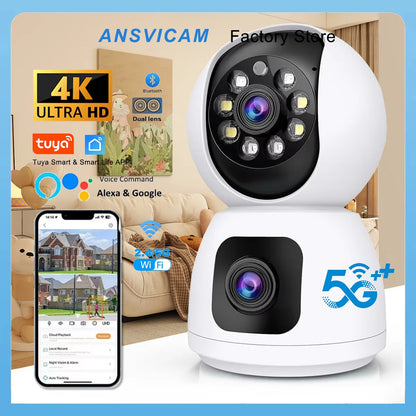 Tuya Smart 4K 8MP Dual-Lens PTZ Security Camera 5G Wifi Dual-Screen Indoor Cameras AI Auto Tracking Color Night Vision