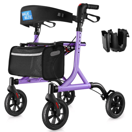Walkmate Rollator Walker for with Cup Holder, Upgraded Thumb Press Button for Height Adjustment, 8" Wheels Folding Lightweight Walking Aid with Seat Padded Backrest, Purple