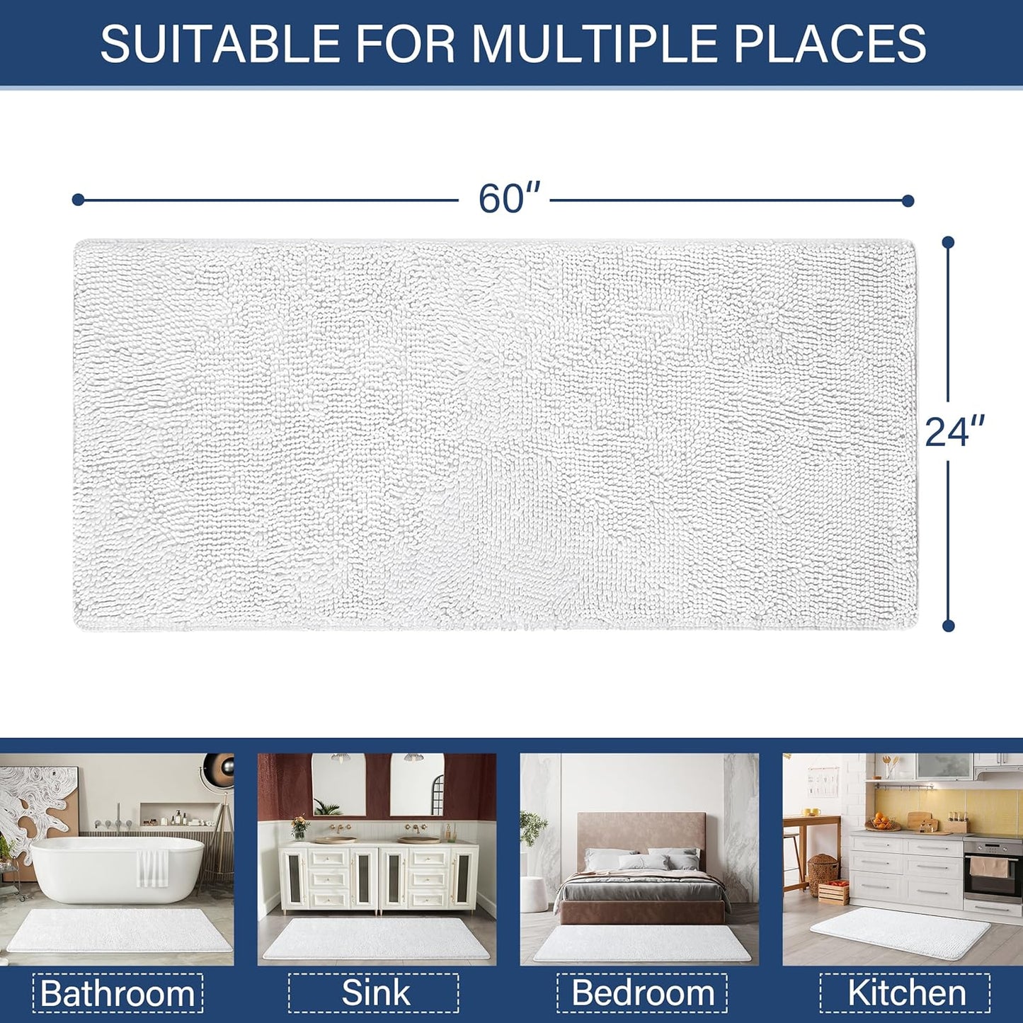 Luxury Non Slip Bathroom Rug Shaggy Bath Mat 24 X 60 Inch, Washable Non Slip Bath Rugs for Bathroom Shower, Soft Plush Chenille Absorbent Carpets Mats, White