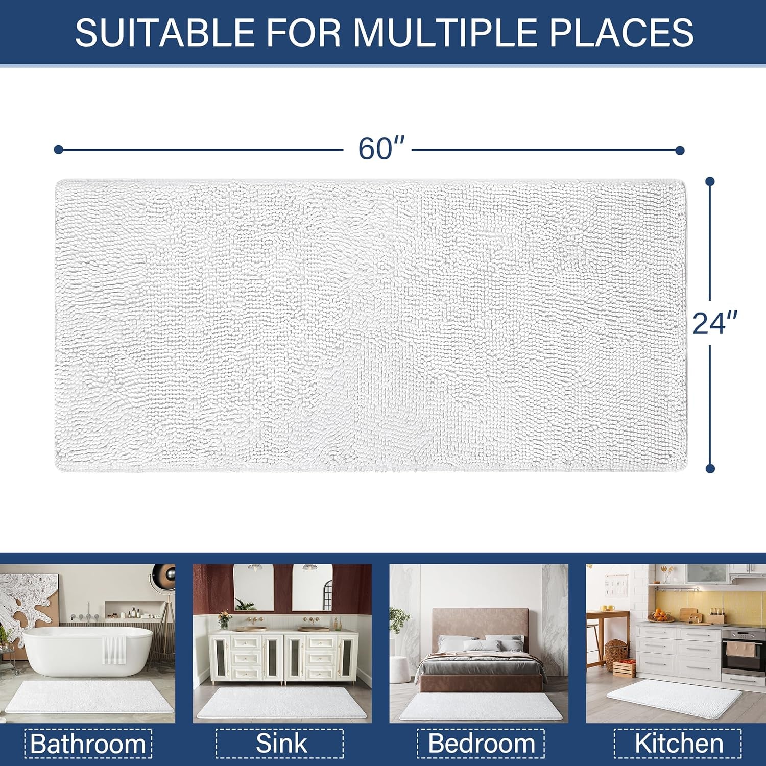 Luxury Non Slip Bathroom Rug Shaggy Bath Mat 24 X 60 Inch, Washable Non Slip Bath Rugs for Bathroom Shower, Soft Plush Chenille Absorbent Carpets Mats, White
