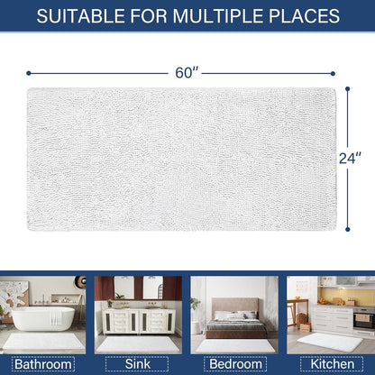 Luxury Non Slip Bathroom Rug Shaggy Bath Mat 24 X 60 Inch, Washable Non Slip Bath Rugs for Bathroom Shower, Soft Plush Chenille Absorbent Carpets Mats, White