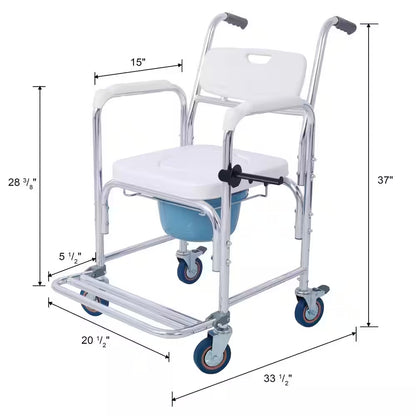 4 in 1 Bedside Commode Chair, Toilet Seat Transport Shower Wheelchair