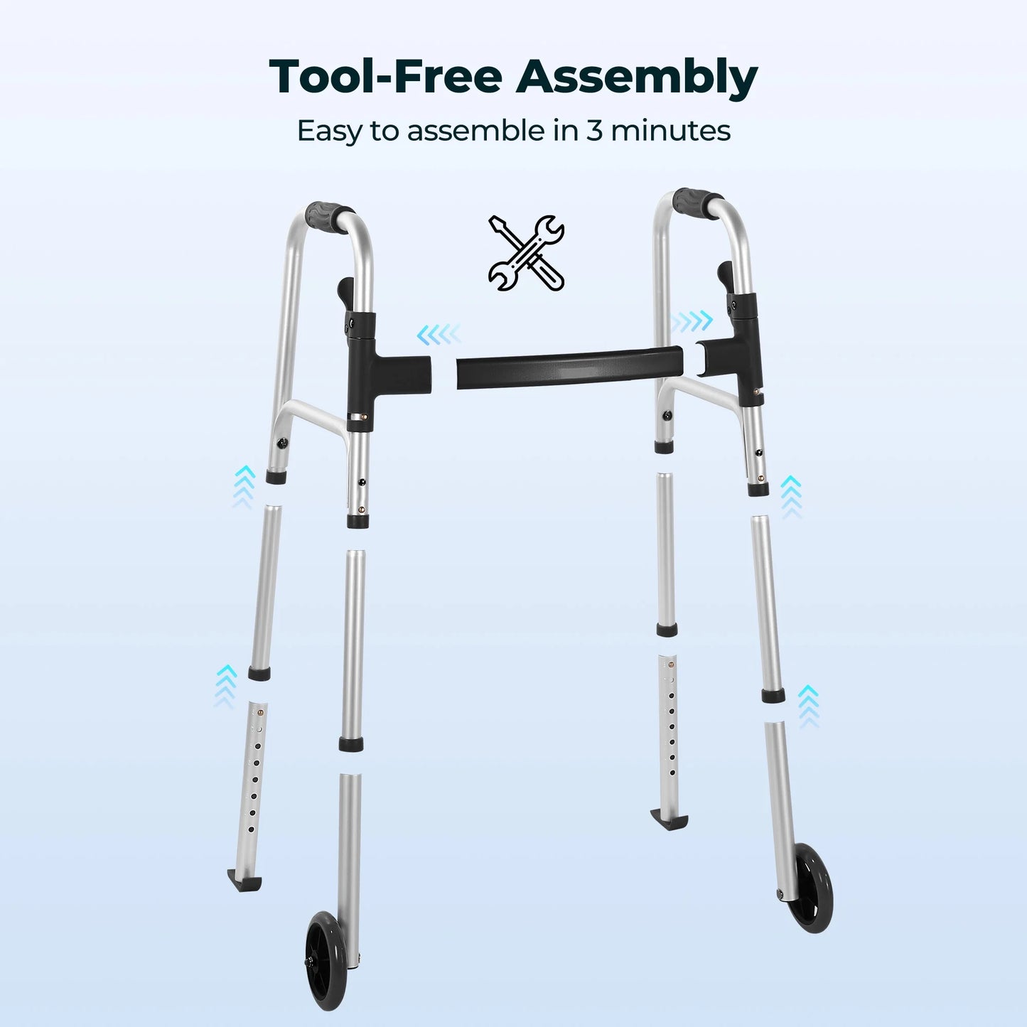 Folding Walkers for Seniors, Lightweight Mobility Walker with Trigger Release and Glide Skis, Silver
