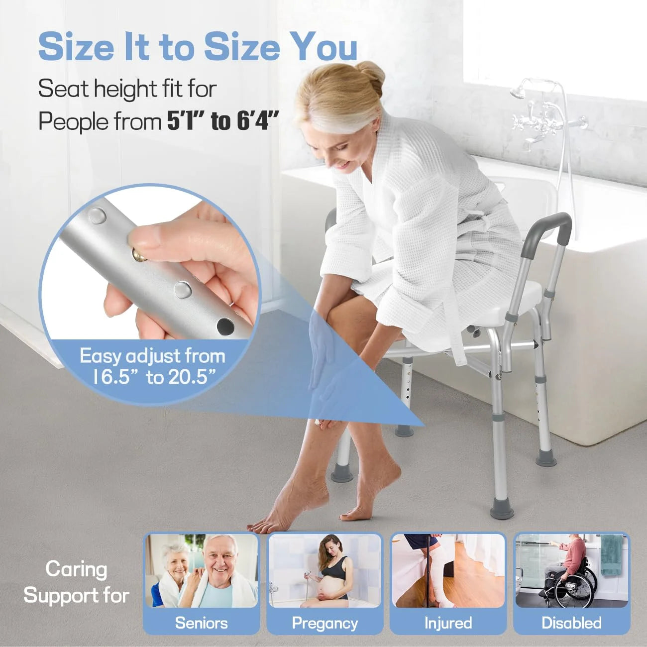 Baokaler Shower Chair 600Lbs with Padded Arms and Back, Height Adjustable Shower Stool for Bathtub, Anti-Slip Bath Chair