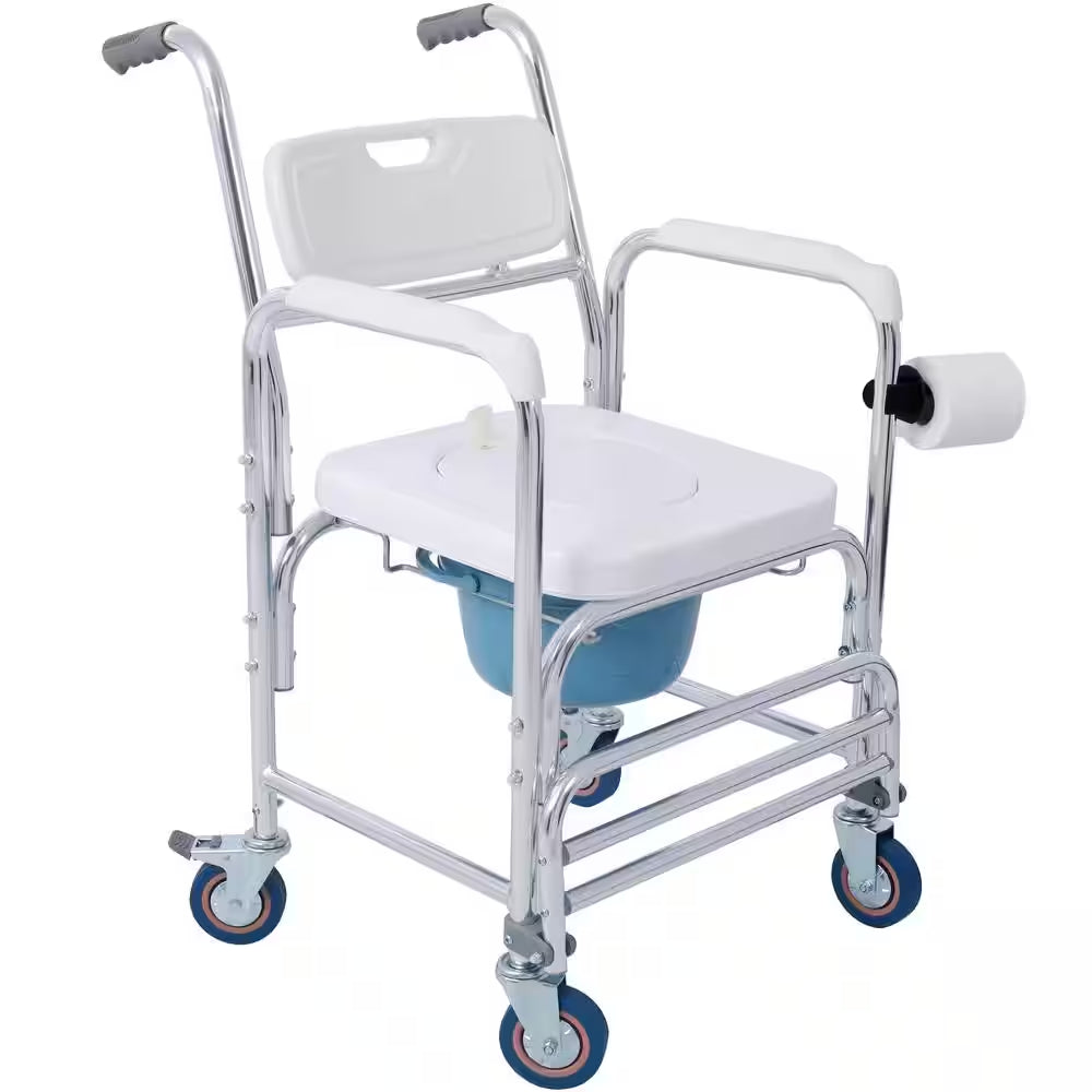 4 in 1 Bedside Commode Chair, Toilet Seat Transport Shower Wheelchair