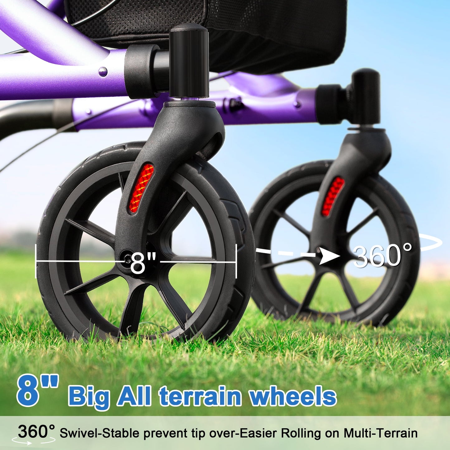 Walkmate Rollator Walker for with Cup Holder, Upgraded Thumb Press Button for Height Adjustment, 8" Wheels Folding Lightweight Walking Aid with Seat Padded Backrest, Purple