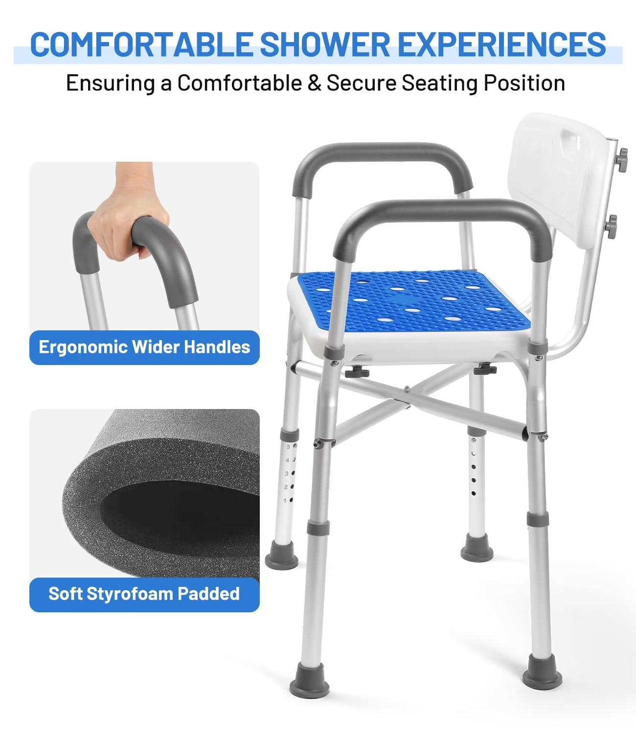 Baokaler Shower Chair 600Lbs with Padded Arms and Back, Height Adjustable Shower Stool for Bathtub, Anti-Slip Bath Chair