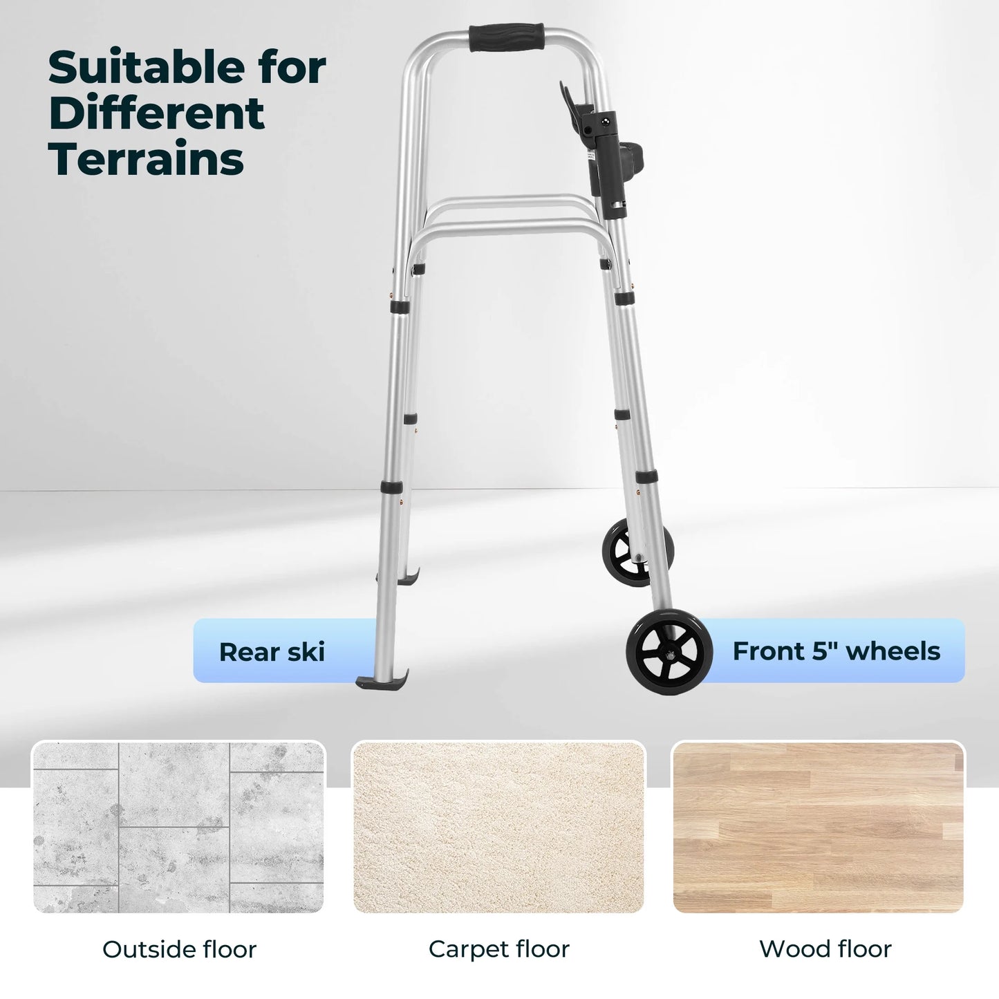 Folding Walkers for Seniors, Lightweight Mobility Walker with Trigger Release and Glide Skis, Silver