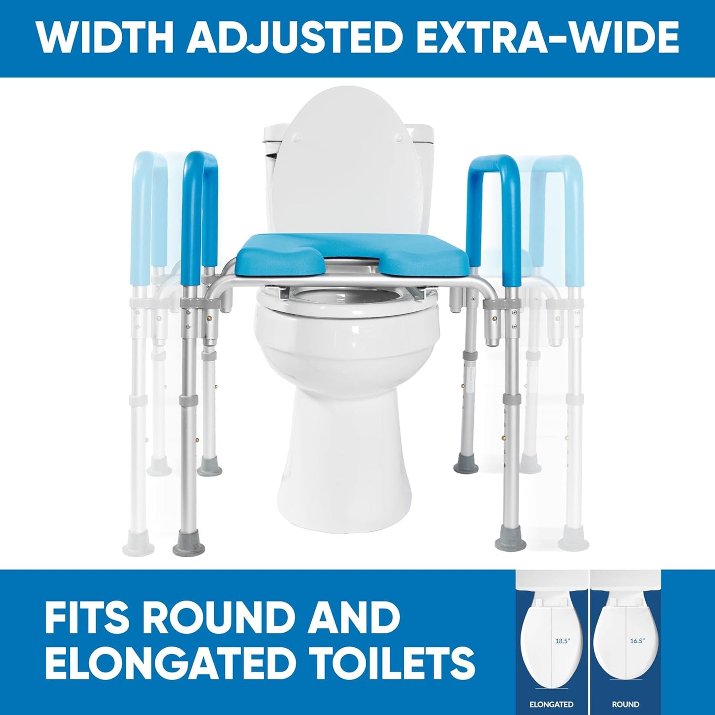 Ultimate Raised Toilet Seat with Handles - Adjustable Raised Toilet Seat for Seniors, Bedside Commode - Padded Armrest | Premium Elevated Toilets Seats with Handles for Elderly Bathroom Safety, Blue