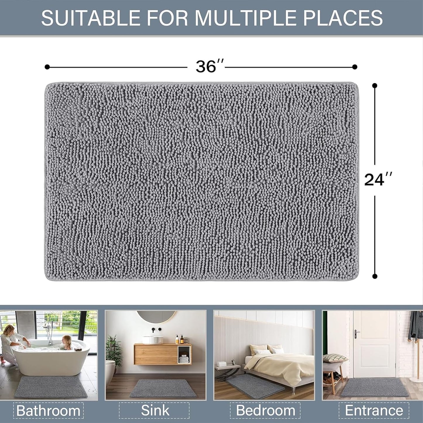 Luxury Bathroom Rug Shaggy Bath Mat 24 X 36 Inch, Washable Non Slip Bath Rugs for Bathroom Shower, Soft Plush Chenille Absorbent Carpets Mats, Gray