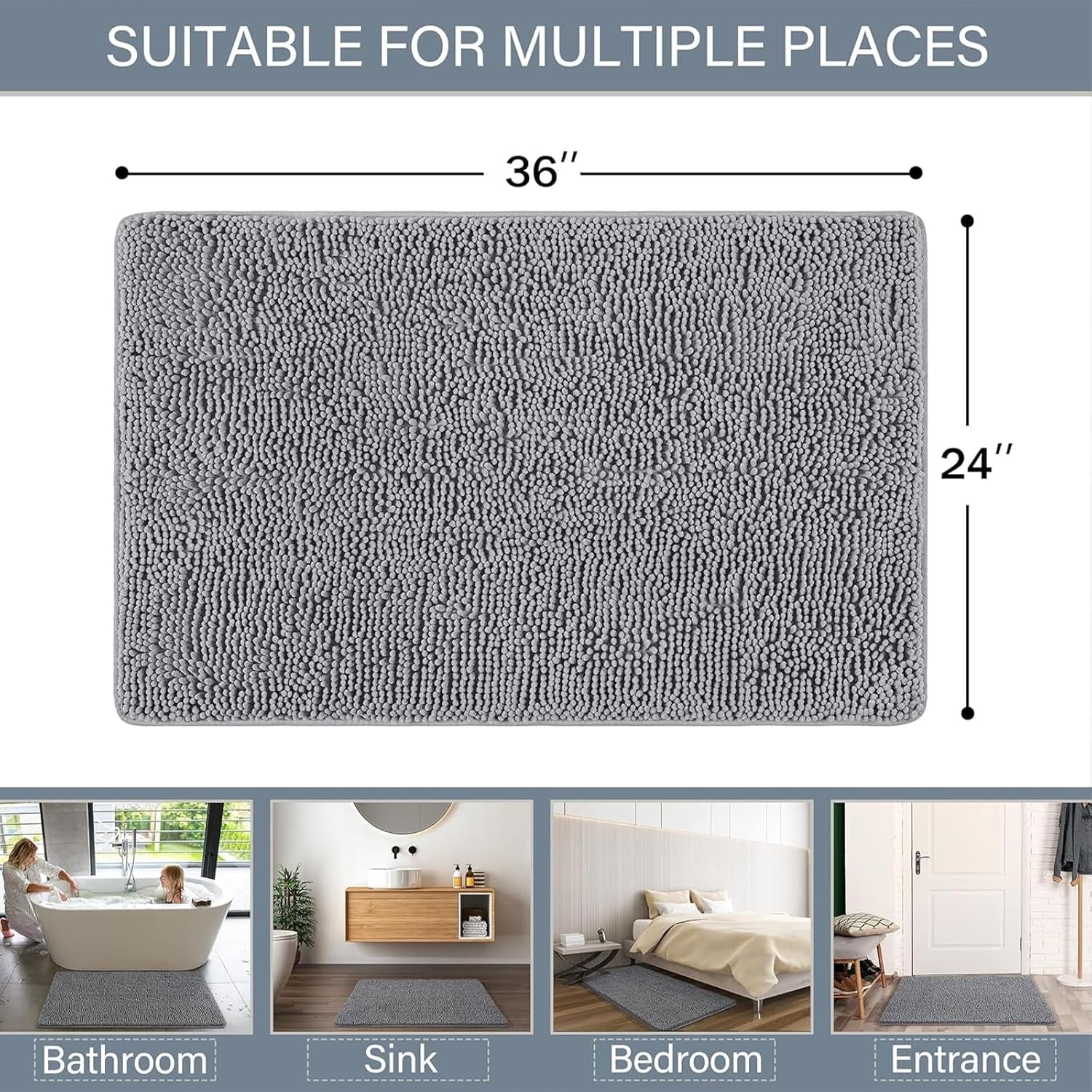 Luxury Bathroom Rug Shaggy Bath Mat 24 X 36 Inch, Washable Non Slip Bath Rugs for Bathroom Shower, Soft Plush Chenille Absorbent Carpets Mats, Gray