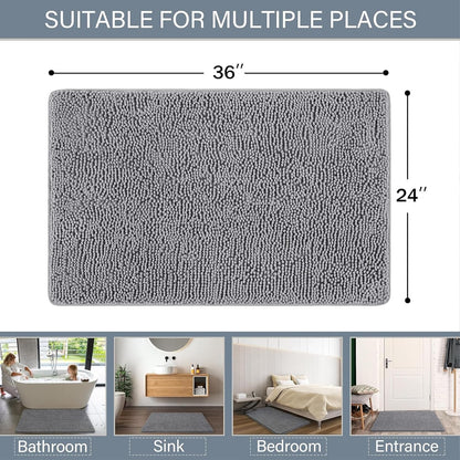 Luxury Bathroom Rug Shaggy Bath Mat 24 X 36 Inch, Washable Non Slip Bath Rugs for Bathroom Shower, Soft Plush Chenille Absorbent Carpets Mats, Gray