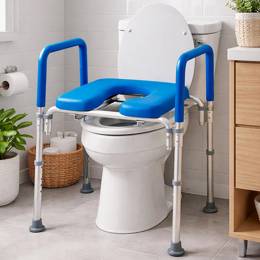 Ultimate Raised Toilet Seat with Handles - Adjustable Raised Toilet Seat for Seniors, Bedside Commode - Padded Armrest | Premium Elevated Toilets Seats with Handles for Elderly Bathroom Safety, Blue