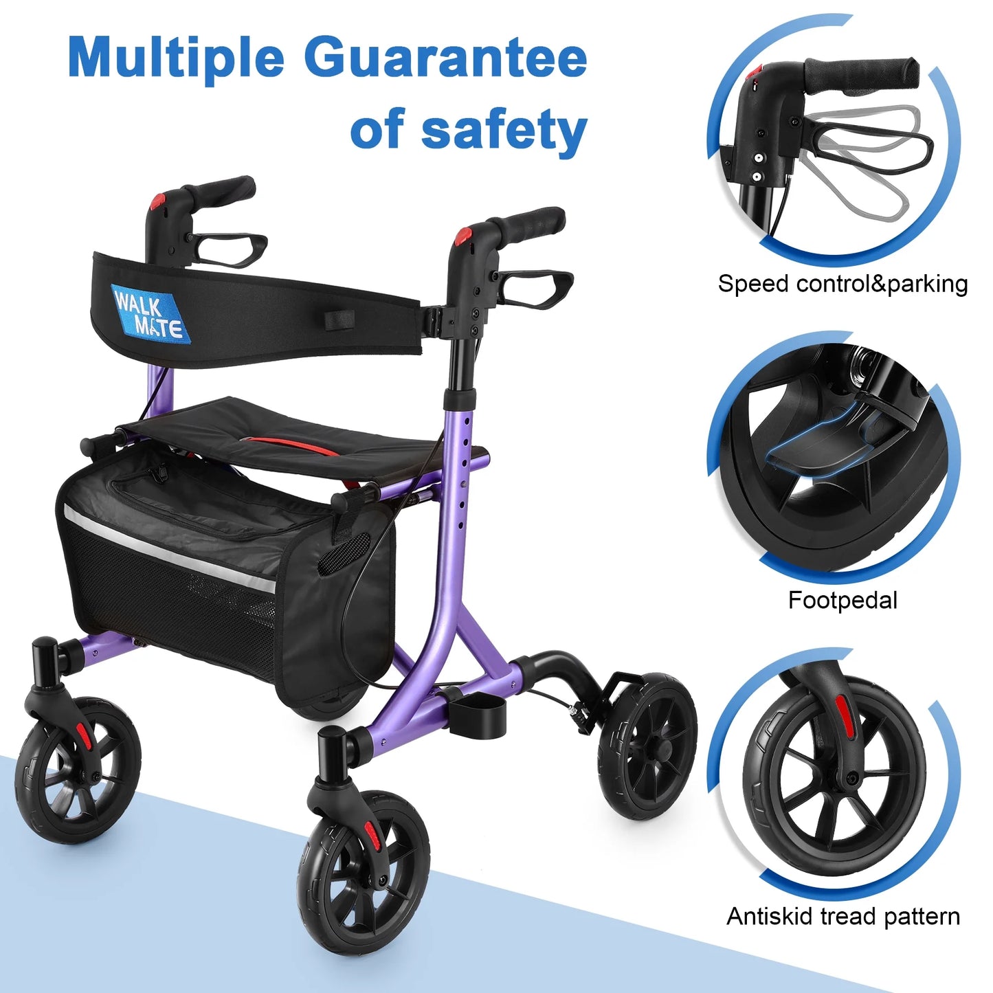 Walkmate Rollator Walker for with Cup Holder, Upgraded Thumb Press Button for Height Adjustment, 8" Wheels Folding Lightweight Walking Aid with Seat Padded Backrest, Purple