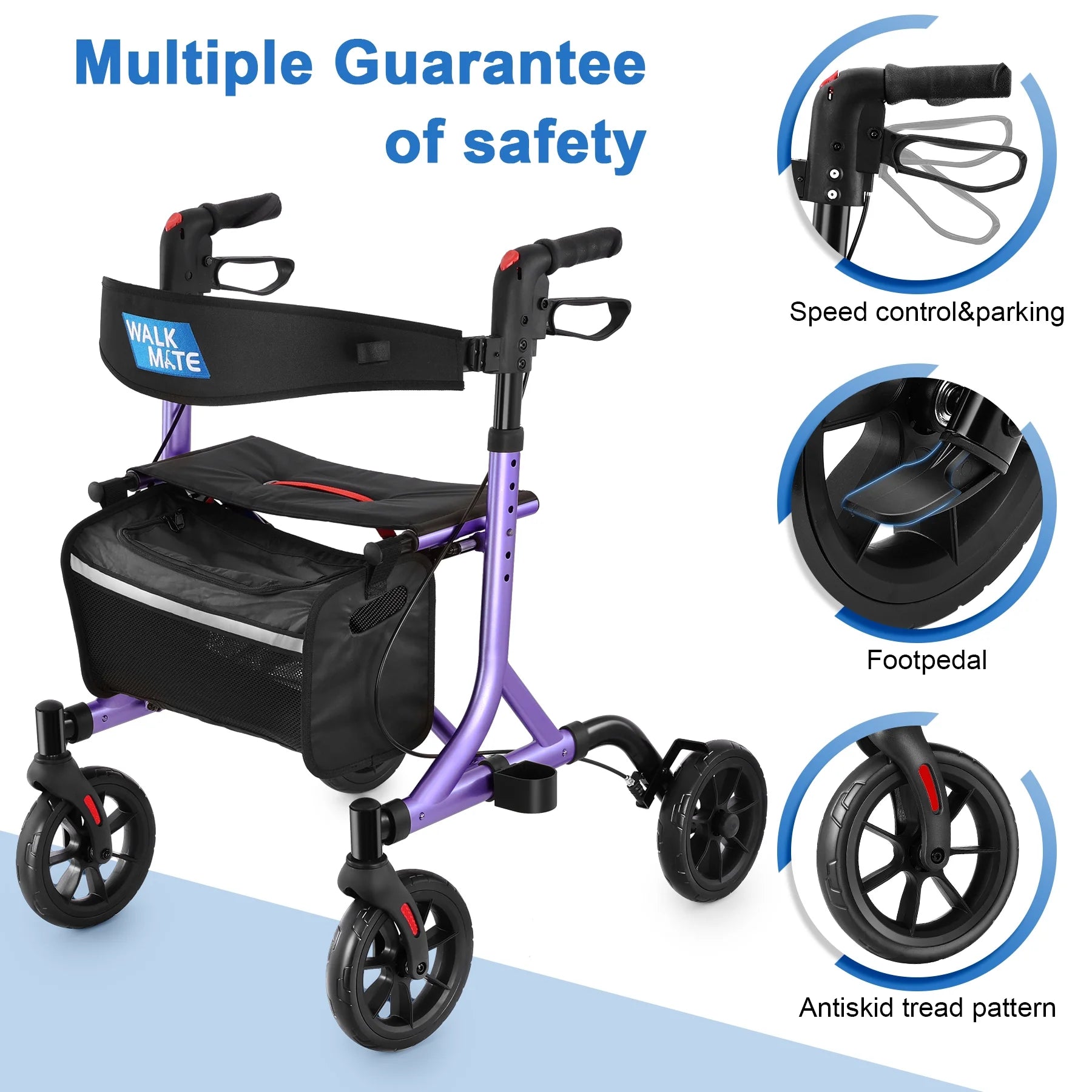 Walkmate Rollator Walker for with Cup Holder, Upgraded Thumb Press Button for Height Adjustment, 8" Wheels Folding Lightweight Walking Aid with Seat Padded Backrest, Purple