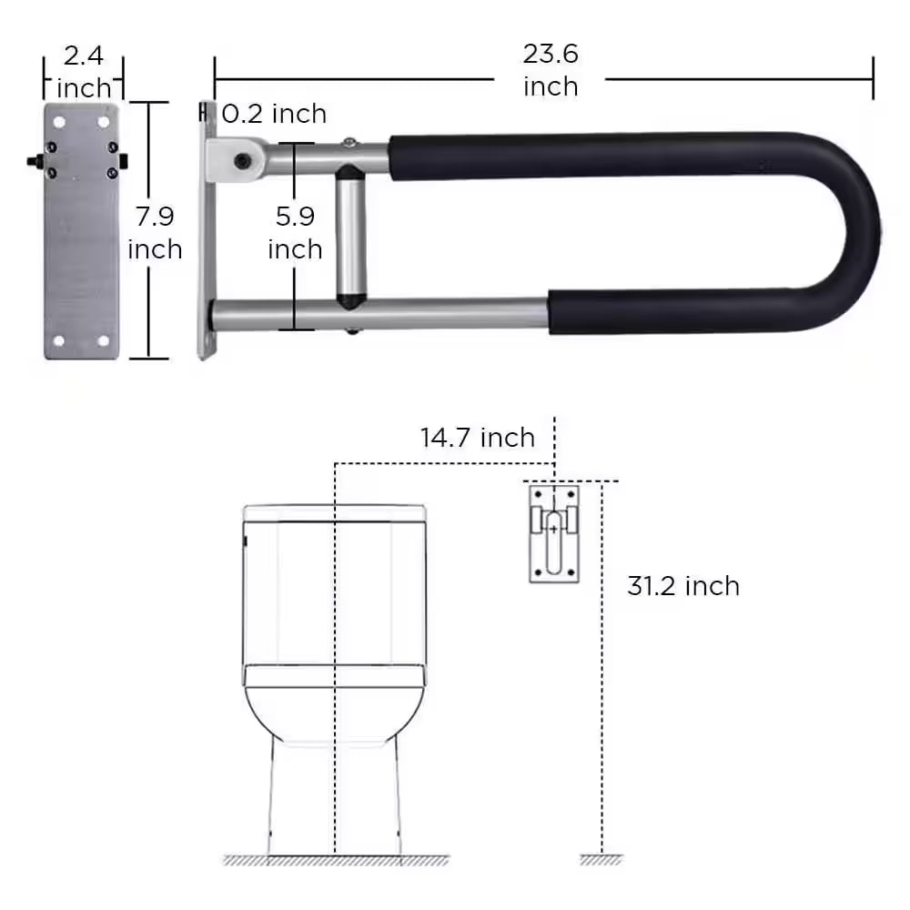 23.6 In. Hand Support Rail, Toilet Handrails Bathroom Safety Bar for Seniors, Elderly, Disabled in Aluminum Silver
