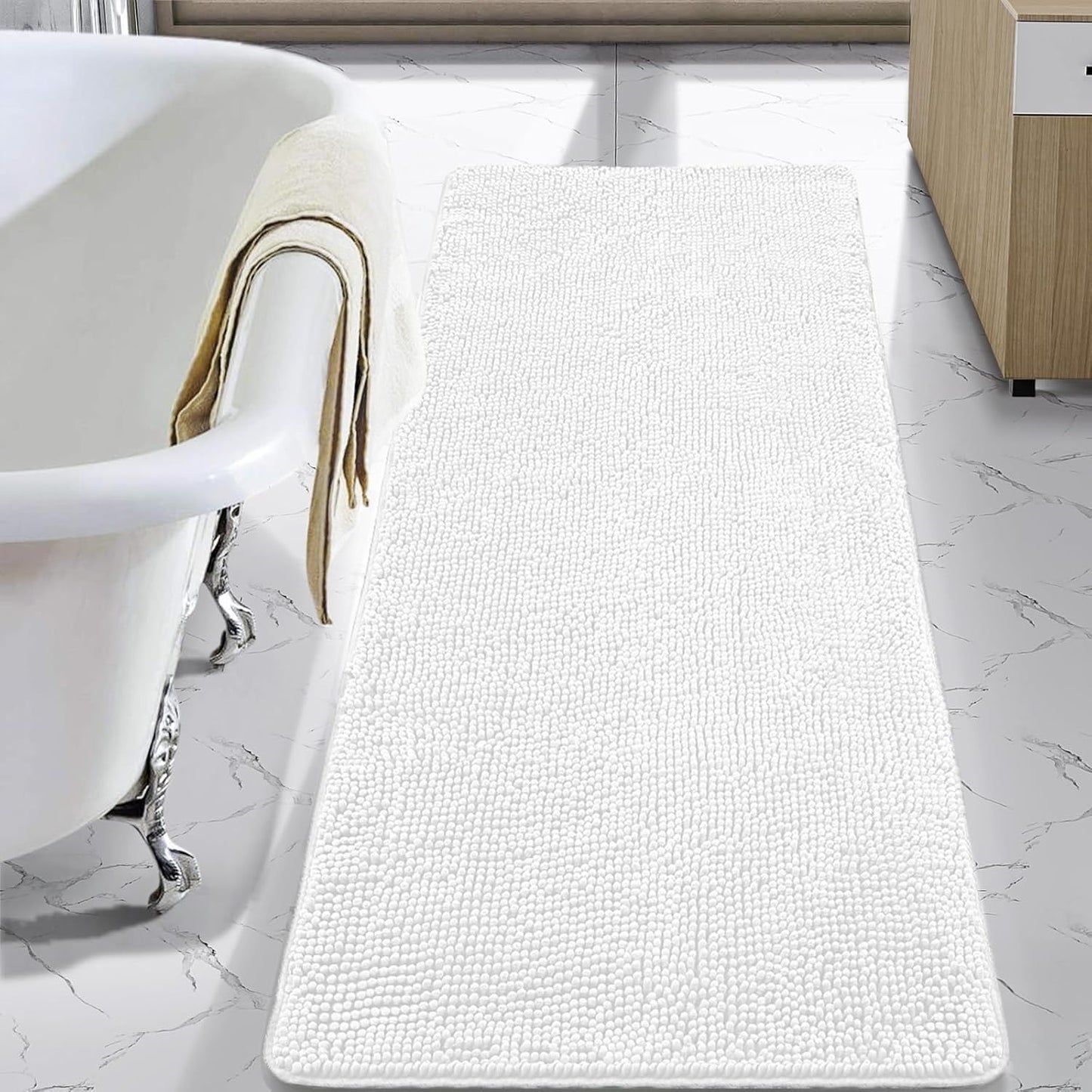 Luxury Non Slip Bathroom Rug Shaggy Bath Mat 24 X 60 Inch, Washable Non Slip Bath Rugs for Bathroom Shower, Soft Plush Chenille Absorbent Carpets Mats, White