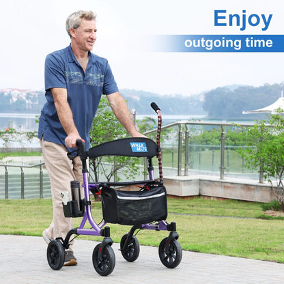 Walkmate Rollator Walker for with Cup Holder, Upgraded Thumb Press Button for Height Adjustment, 8" Wheels Folding Lightweight Walking Aid with Seat Padded Backrest, Purple