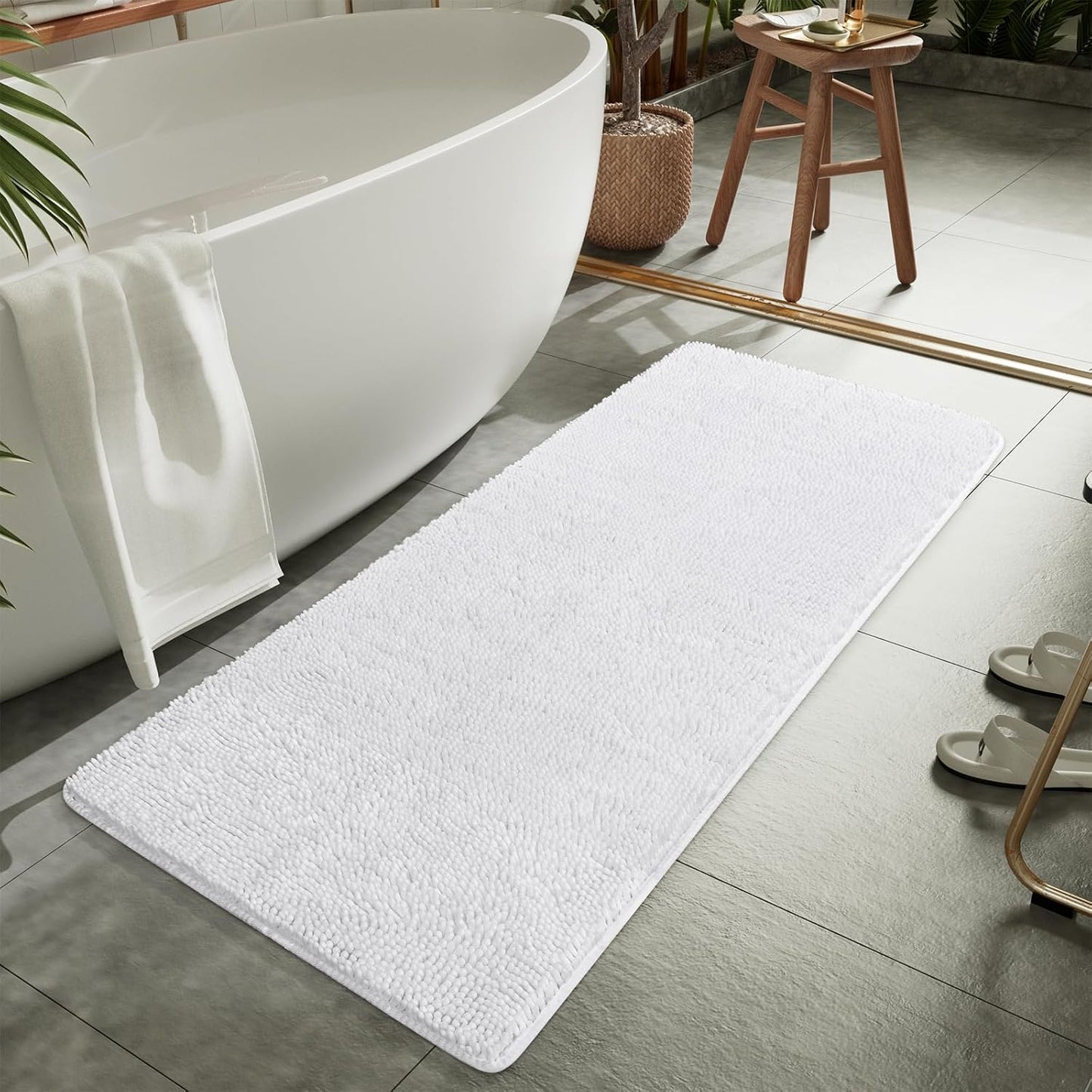 Luxury Non Slip Bathroom Rug Shaggy Bath Mat 24 X 60 Inch, Washable Non Slip Bath Rugs for Bathroom Shower, Soft Plush Chenille Absorbent Carpets Mats, White