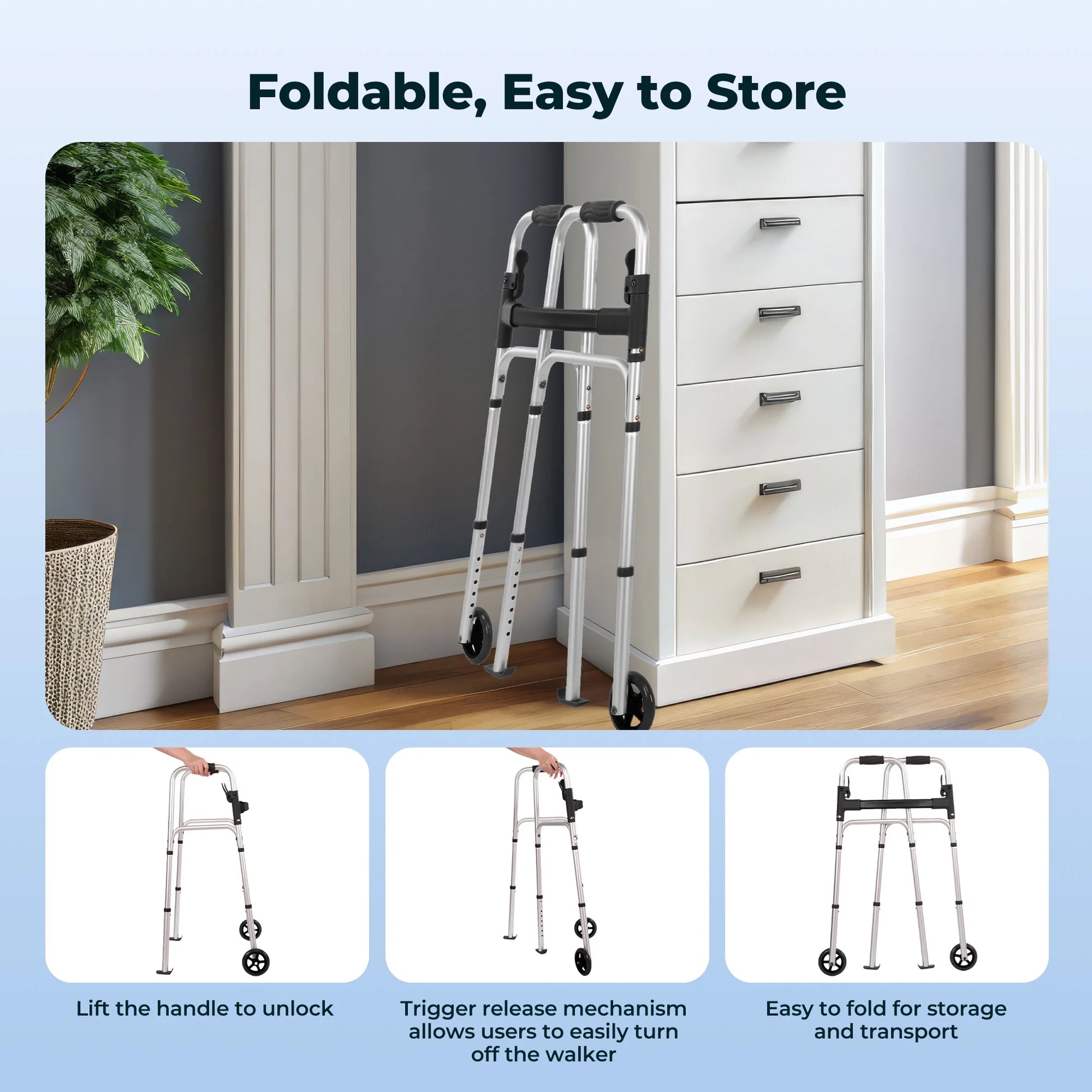 Folding Walkers for Seniors, Lightweight Mobility Walker with Trigger Release and Glide Skis, Silver