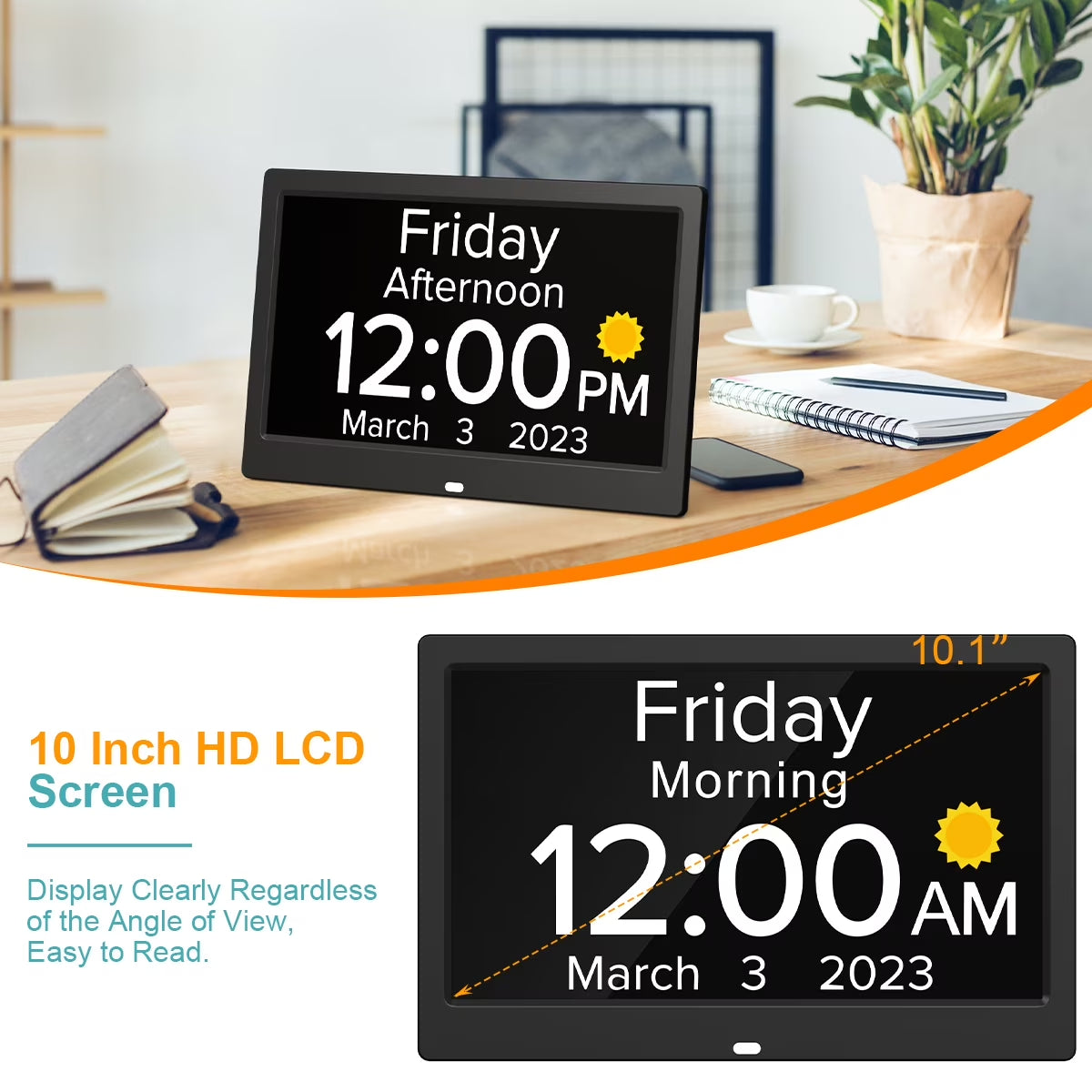 10.1 Inch Large Digital Alarm Clock with Date and Day for Dementia Seniors, Voice Announcement Time