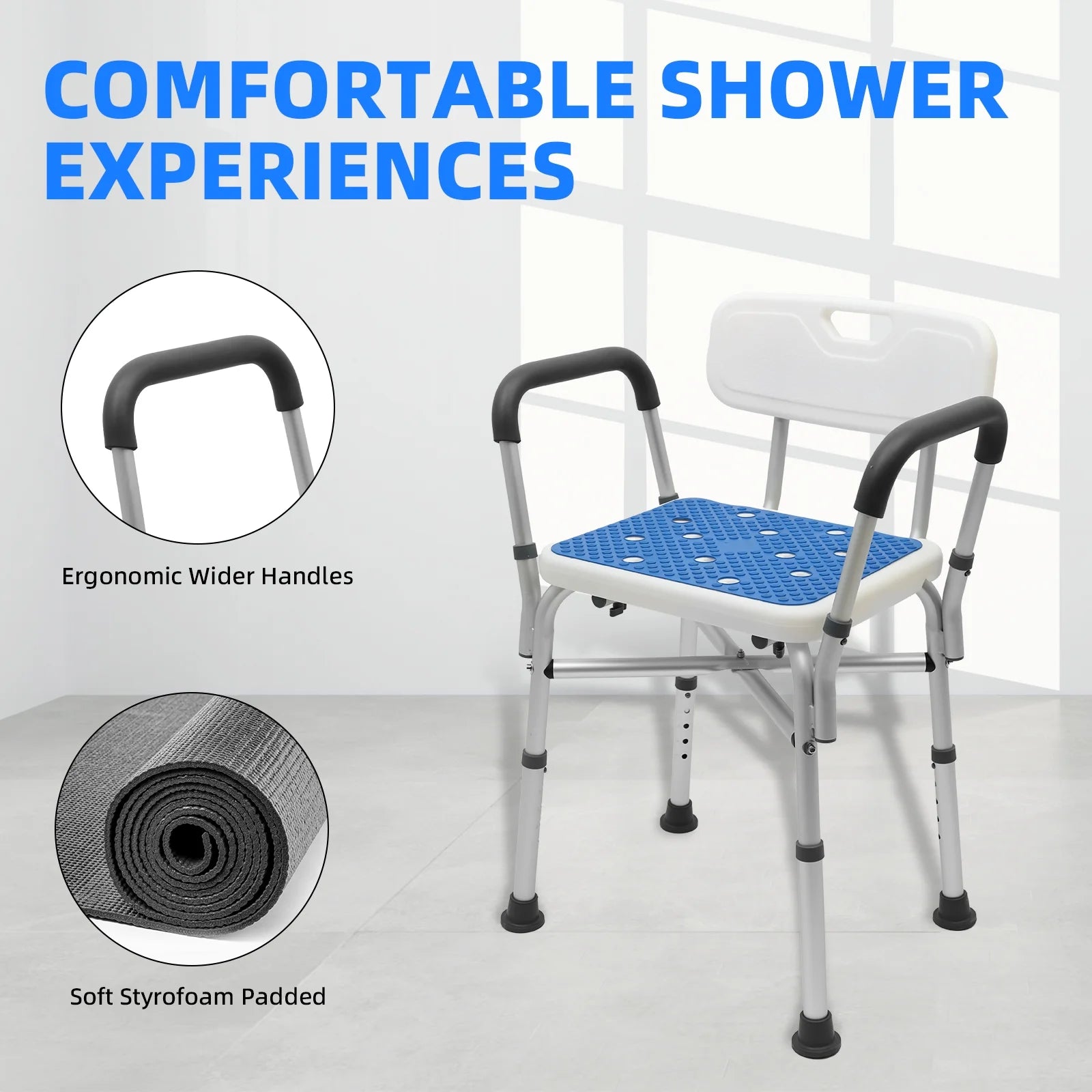 Baokaler Shower Chair 600Lbs with Padded Arms and Back, Height Adjustable Shower Stool for Bathtub, Anti-Slip Bath Chair