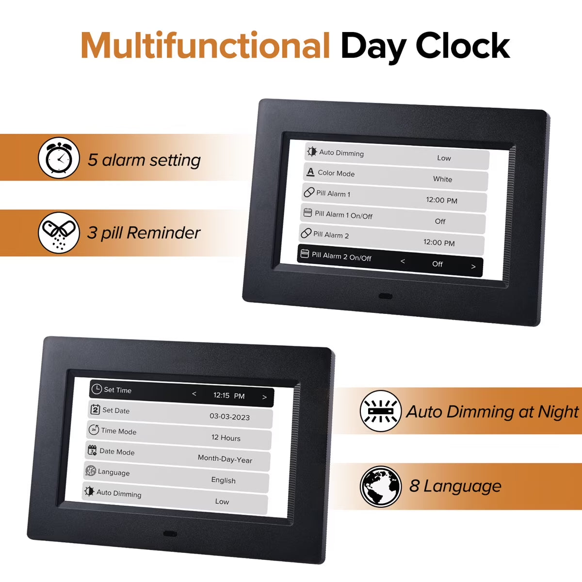 Digital Alarm Clock for Dementia Seniors with Date and Day of Week, Voice Announcement Time, Black