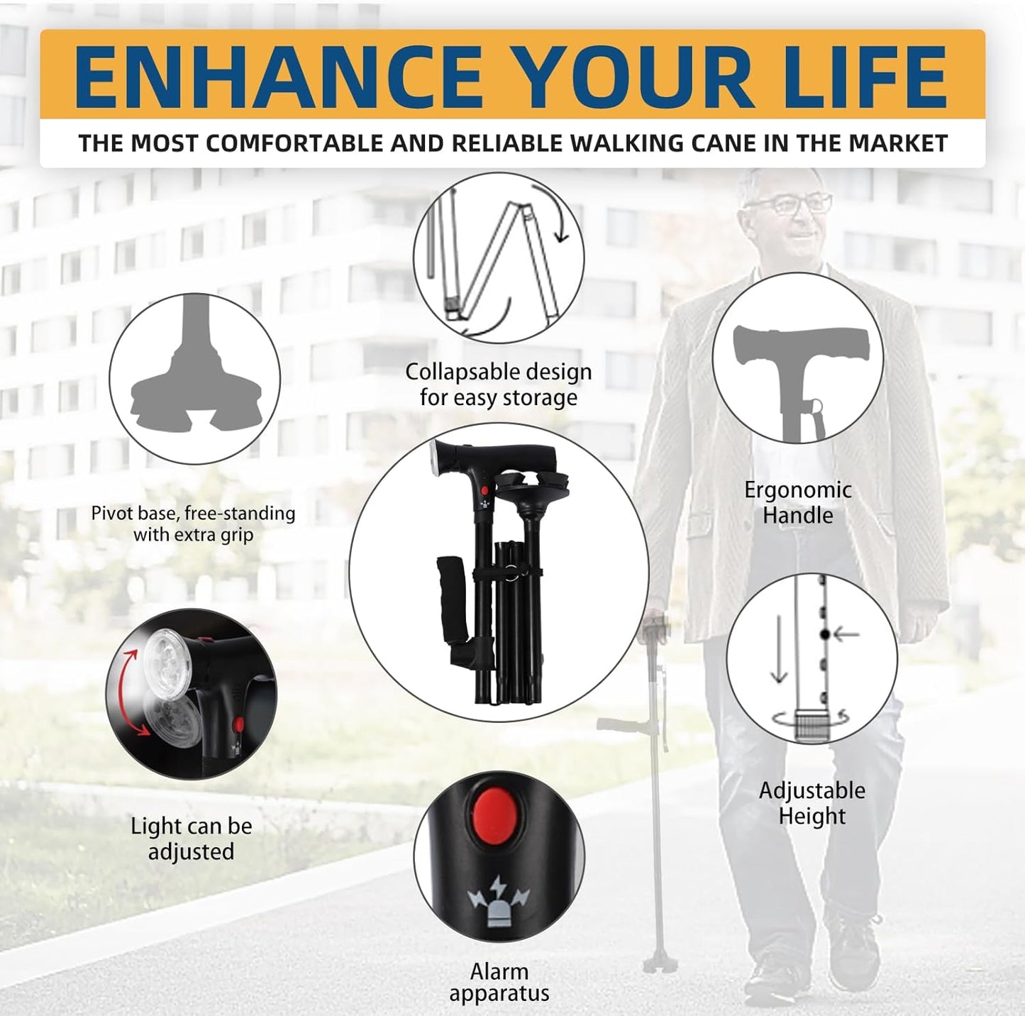 Walking Cane Folding Led Light Alarm Women Adjustable Suitable Arthritis Elderly