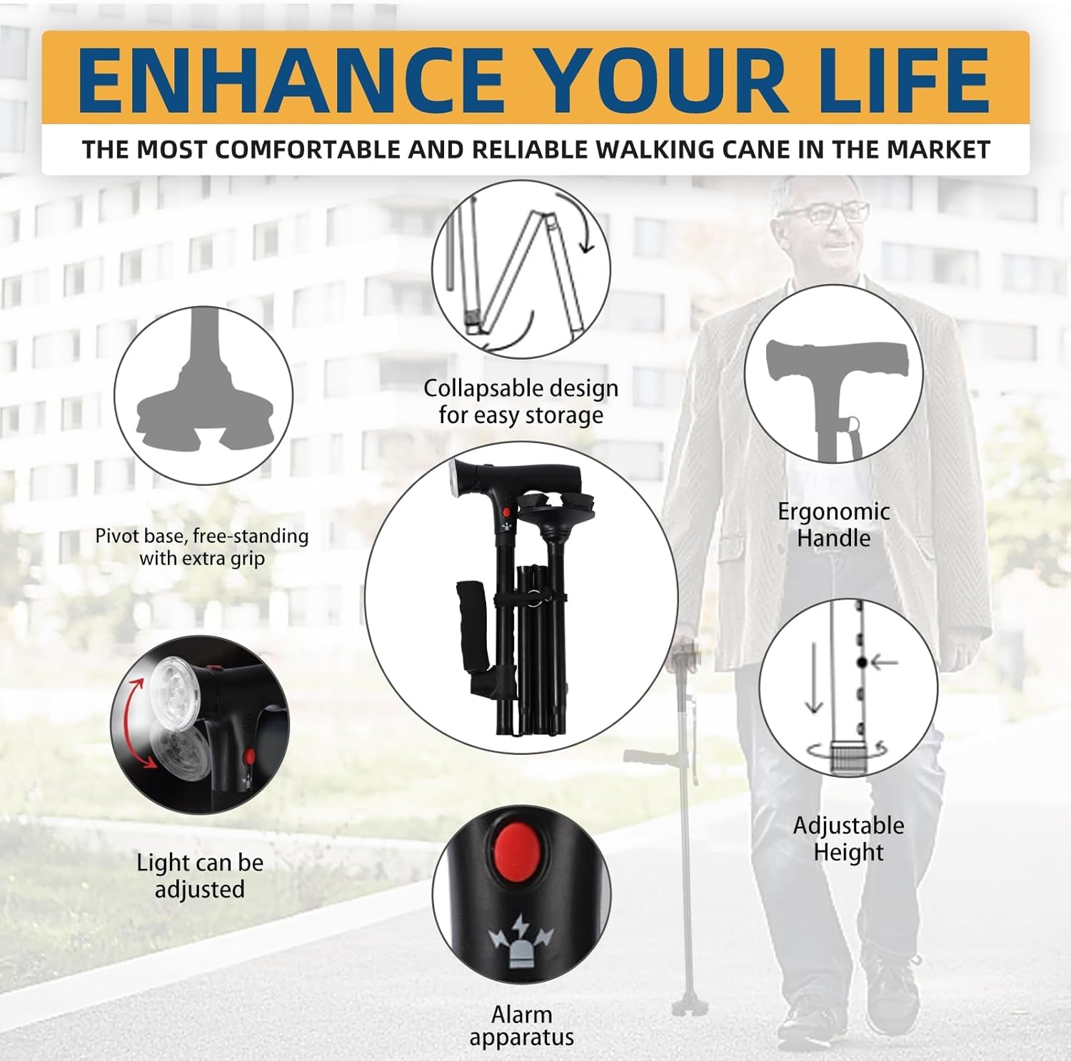 Walking Cane Folding Led Light Alarm Women Adjustable Suitable Arthritis Elderly