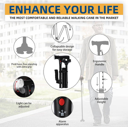 Walking Cane Folding Led Light Alarm Women Adjustable Suitable Arthritis Elderly