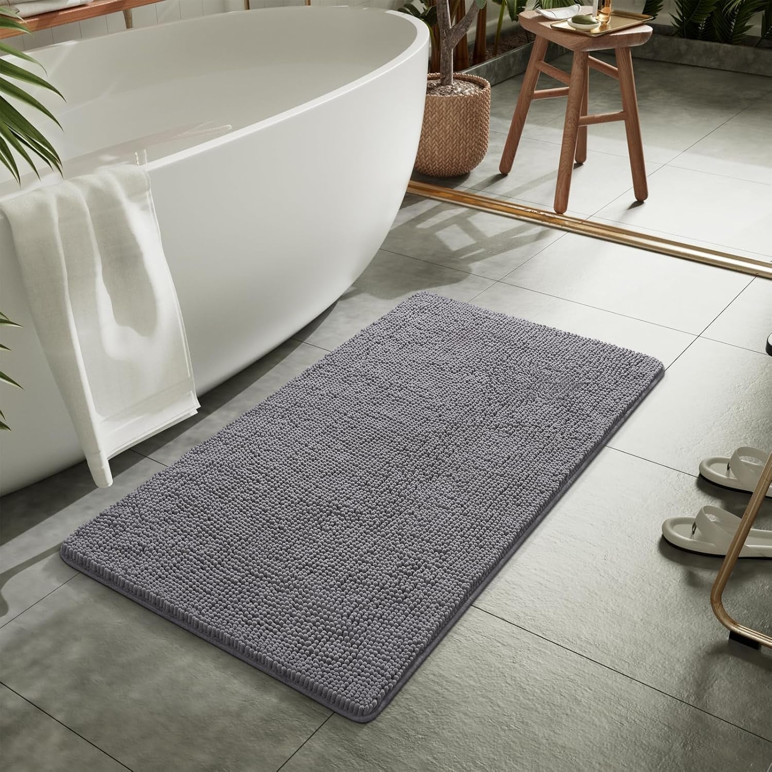 Luxury Bathroom Rug Shaggy Bath Mat 24 X 36 Inch, Washable Non Slip Bath Rugs for Bathroom Shower, Soft Plush Chenille Absorbent Carpets Mats, Gray