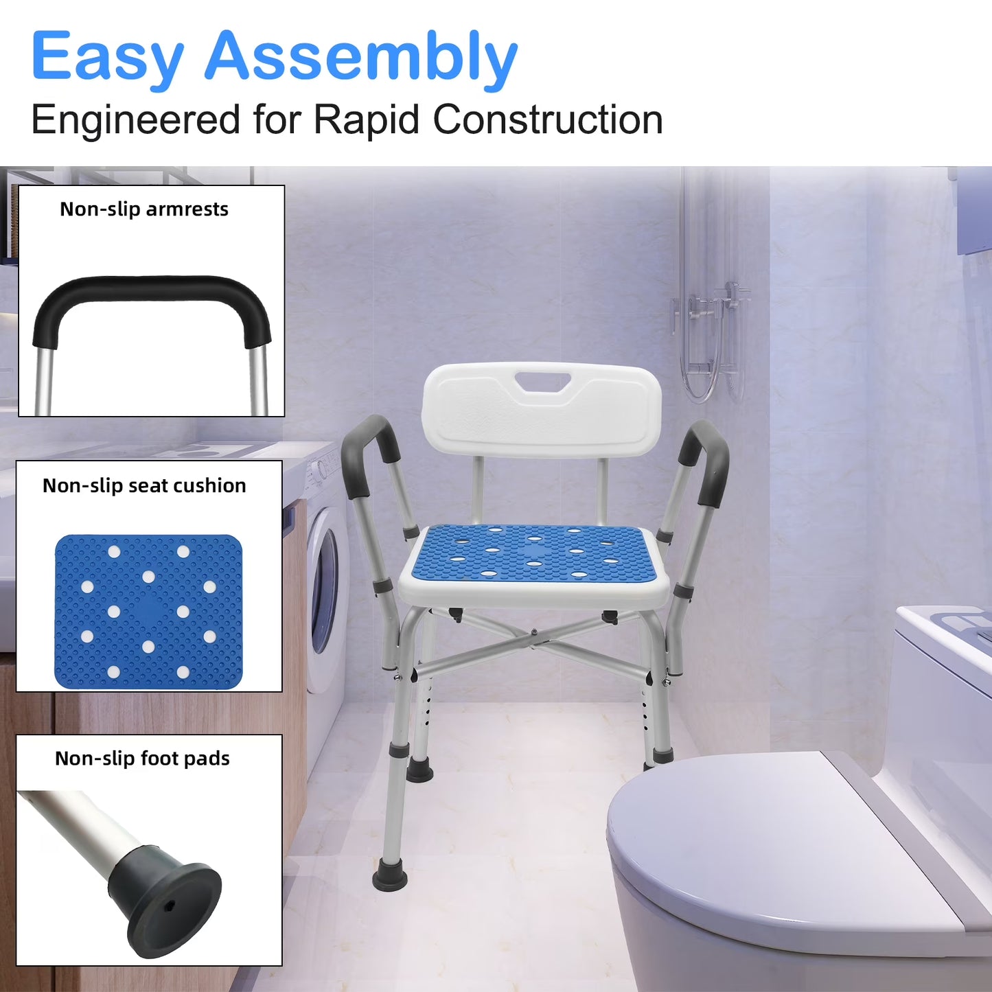 Baokaler Shower Chair 600Lbs with Padded Arms and Back, Height Adjustable Shower Stool for Bathtub, Anti-Slip Bath Chair