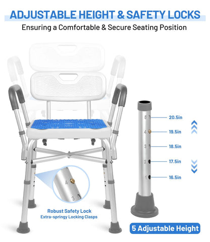 Baokaler Shower Chair 600Lbs with Padded Arms and Back, Height Adjustable Shower Stool for Bathtub, Anti-Slip Bath Chair