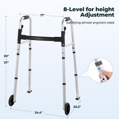 Folding Walkers for Seniors, Lightweight Mobility Walker with Trigger Release and Glide Skis, Silver
