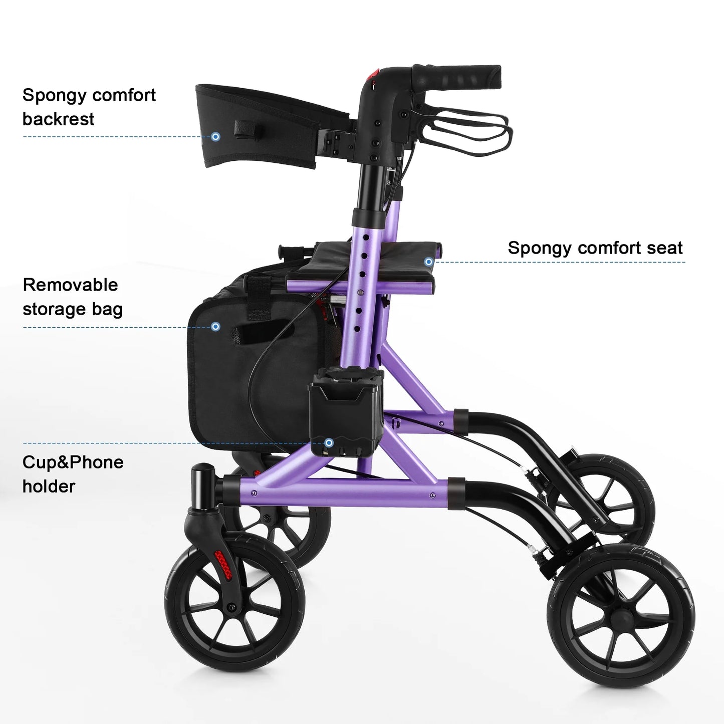 Walkmate Rollator Walker for with Cup Holder, Upgraded Thumb Press Button for Height Adjustment, 8" Wheels Folding Lightweight Walking Aid with Seat Padded Backrest, Purple