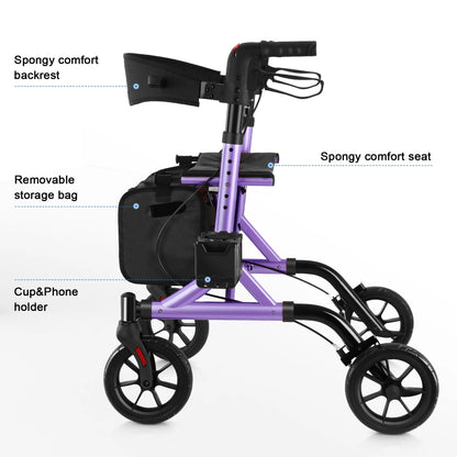 Walkmate Rollator Walker for with Cup Holder, Upgraded Thumb Press Button for Height Adjustment, 8" Wheels Folding Lightweight Walking Aid with Seat Padded Backrest, Purple