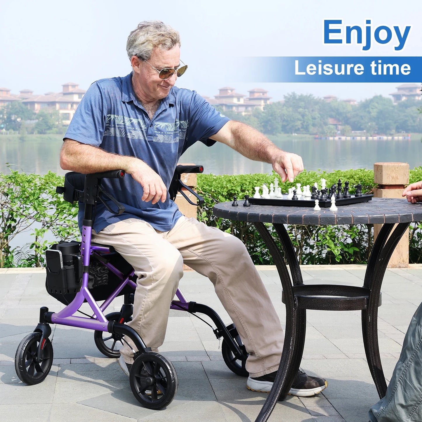 Walkmate Rollator Walker for with Cup Holder, Upgraded Thumb Press Button for Height Adjustment, 8" Wheels Folding Lightweight Walking Aid with Seat Padded Backrest, Purple
