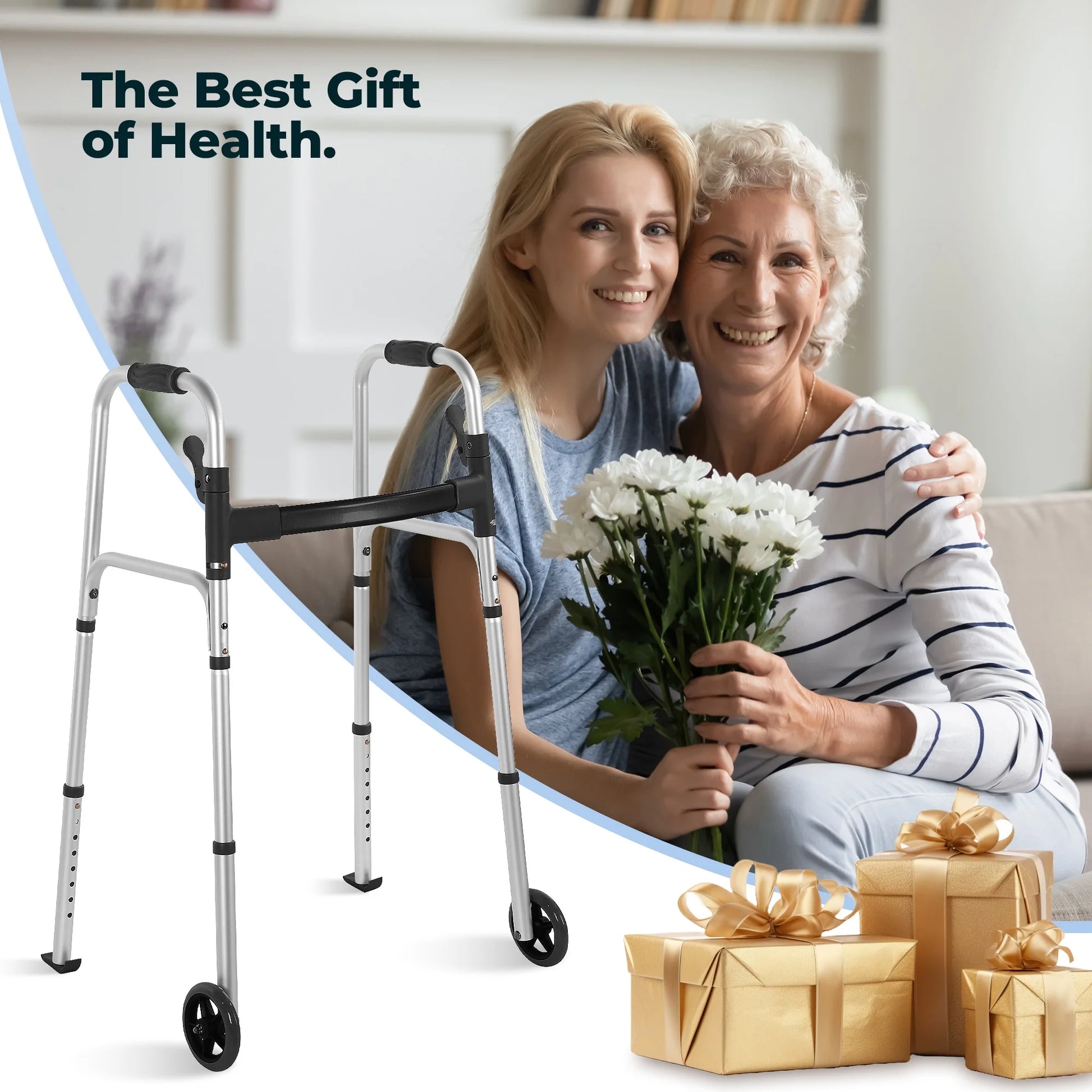 Folding Walkers for Seniors, Lightweight Mobility Walker with Trigger Release and Glide Skis, Silver