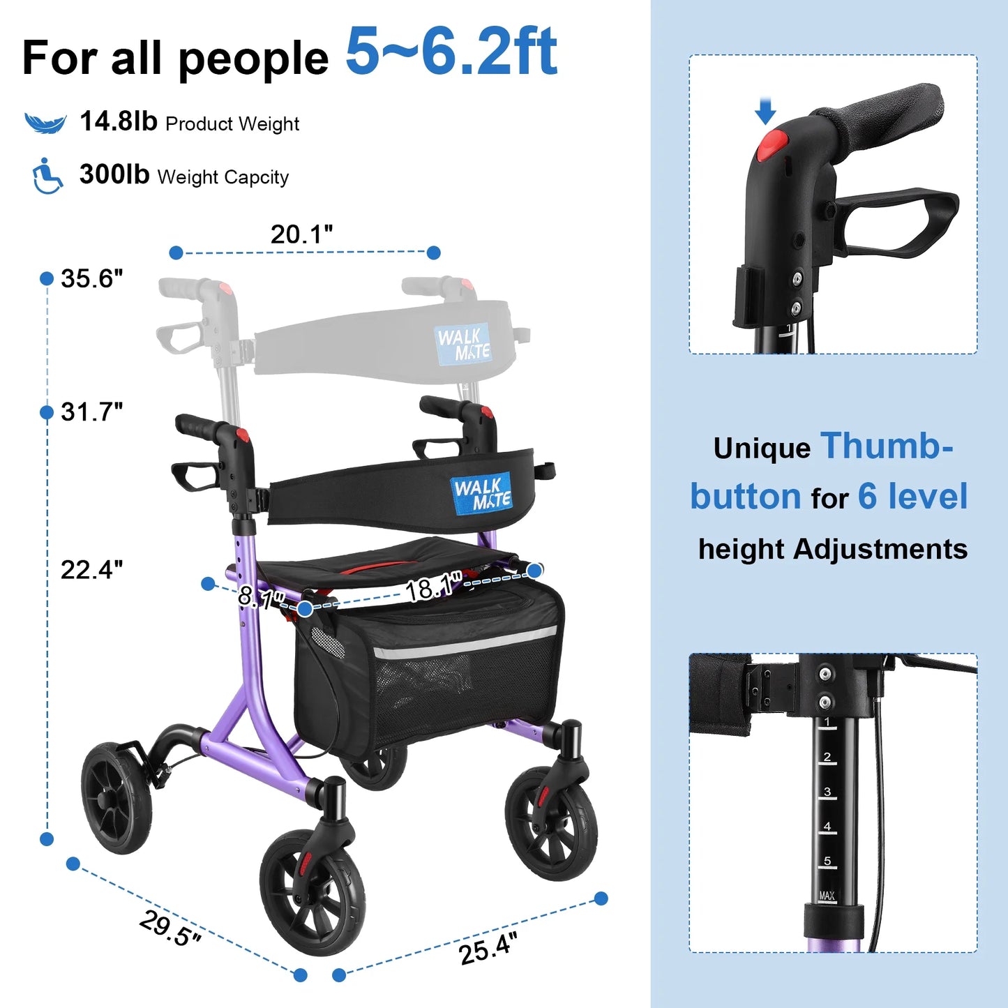 Walkmate Rollator Walker for with Cup Holder, Upgraded Thumb Press Button for Height Adjustment, 8" Wheels Folding Lightweight Walking Aid with Seat Padded Backrest, Purple