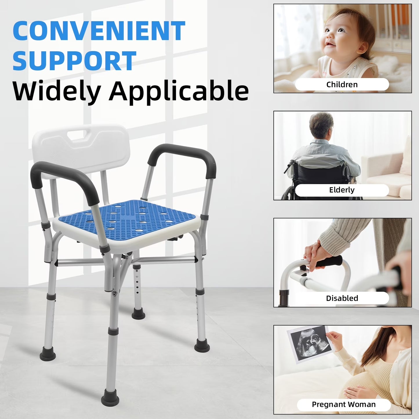 Baokaler Shower Chair 600Lbs with Padded Arms and Back, Height Adjustable Shower Stool for Bathtub, Anti-Slip Bath Chair